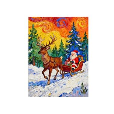 Imagem de Pinturas em tela Natal-Quadros Decoração de Parede-Trenó veado árvore floresta-Inverno Paisagens Impressões para Sala de Estar 60x80cm Sem Moldura