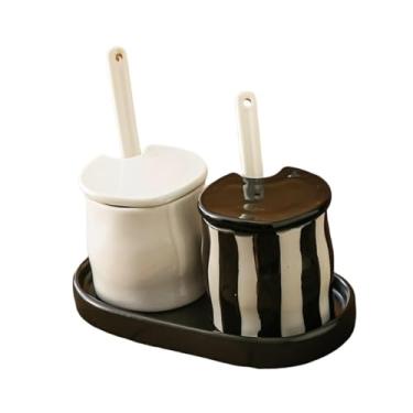 Imagem de Ｂｅｓｇａ Pote de condimentos de porcelana com tampas e colheres, dispensador de açúcar, caixa de temperos moderna selada, potes de condimentos para balcão de, Preto Branco