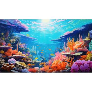 Imagem de Cena subaquática fundo de aquário sob o mar, recifes de corais, fundo de aquário, cenário de fundo do oceano, diverso, vida marinha, raios solares, terrário, fundos tropicais, submarinos 61 x 30 cm