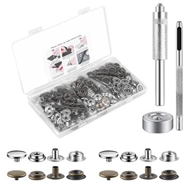 Imagem de 200 peças (50 conjuntos) 5/8 polegadas (15 mm) kit de fecho de pressão para botões de pressão de couro inoxidável ferramenta de fixação (perfurador e ferramentas de configuração) para bolsa, jeans, roupas, tecido (prata + bronze)