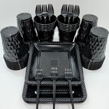 Imagem de Conjunto de luxo descartável para festas de aniversário com 260 peças Pratos quadrados de plástico colorido com efeito perolado Cores doces (Preto)