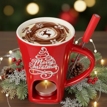 Imagem de Honeydak Caneca de fondue de chocolate de Natal com garfo e 3 velas copo de derretimento de chocolate pessoal de cerâmica doce presentes de natal ideais presentes de aniversário data de aniversário