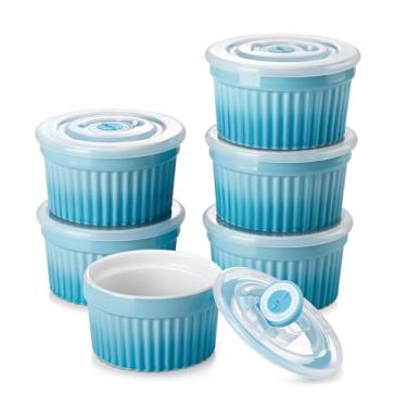 Imagem de vancasso Ramequins de 170 g com tampa, pratos de suflê creme brulee de porcelana, copos de pudim azul para assar, pode ir à lava-louças e ao forno, conjunto de 6