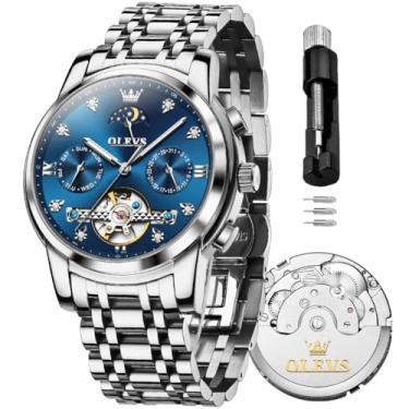 Imagem de OLEVS Relógios masculinos esqueleto automático, 5 ponteiros, mecânico, luxuoso, calendário clássico, aço inoxidável, impermeável, relógio de pulso masculino, Prateado, azul, Luxuoso