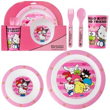 Imagem de Get Trend Hello Kitty Sanrio conjunto de talheres infantil, sem BPA, conjunto de talheres infantis 5 peças, pratos prato tigela e mais, presentes Kuromi Cinnamoroll (rosa Hello Kitty)