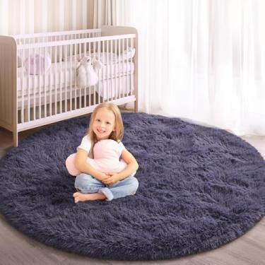 Imagem de KIXINWA Tapete redondo para quarto, tapetes macios de 10 x 10 cm para berçário de crianças, meninas, laváveis, felpudo, piso interno, cabeceira, sala de estar, decoração de casa, estética, cinza e