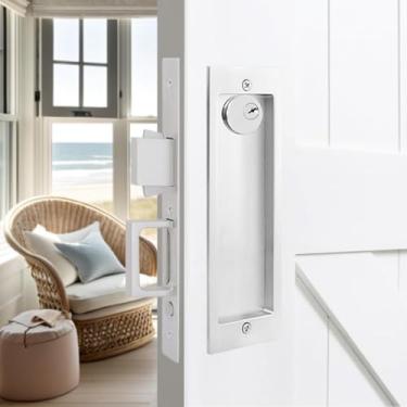 Imagem de Fechadura de porta de bolso de privacidade, fechadura de porta deslizante, alças ocultas, trava com interruptor de salto automático de pressão, liga de zinco (prata, com chaves)