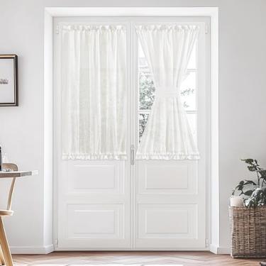 Imagem de Cortina de porta transparente de voile esmagado - Cortina de janela elegante semitransparente com bolso de haste francesa para cozinha, 66 x 101 cm de comprimento, 2 painéis, bege claro