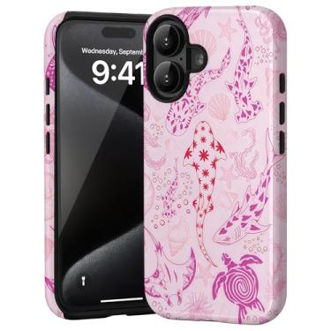 Imagem de CAINAT Capas estéticas para iPhone 17, tubarões rosa, tartarugas, conchas, algas marinhas, capa protetora rígida híbrida de 2 camadas para mulheres e meninas