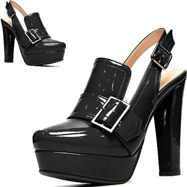 Imagem de SHODENSE Sapato feminino vintage plataforma salto alto grosso sapato redondo fechado plataforma mocassins tornozelo tira bloco salto slingback verão fivela sem costas mocassim senhoras sexy chique