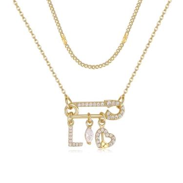 Imagem de MEIITRUE Colar feminino com inicial de alfinete de segurança, banhado a ouro 14 quilates, corrente em camadas, pingente de zircônia cúbica, gota e pingentes de coração, pingente de nome personalizado