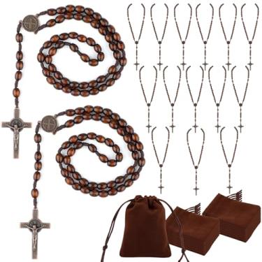 Imagem de Ethanberg Colar de rosário de contas de madeira, rosário católico, contas esculpidas em madeira com cruz de Jesus, rosários de madeira, colar a granel com bolsas de organza para lembrancinhas de