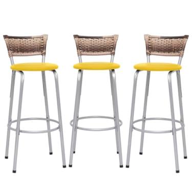 Imagem de Banqueta Altas Junco Cappuccino Estrutura Prata 70cm Para Balcão Cozinha, Bar, Bistrô, Americano Kit 03 Unidades - Itagold (Amarelo)