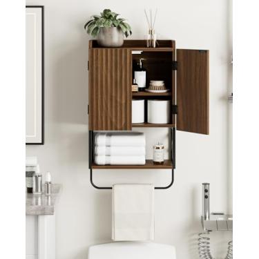 Imagem de Masupu Armário de parede de banheiro canelado, pequeno armário de banheiro suspenso com prateleira ajustável e portas de trava magnética, armários de parede de madeira para lavanderia, nogueira