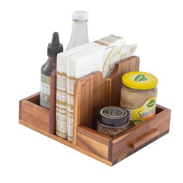 Imagem de Porta-guardanapos para mesa de madeira de acácia Suporte de guardanapo para cozinha com função de armazenamento para organizar saleiros e pimenteiros, dispensador de guardanapos para decoração sala de