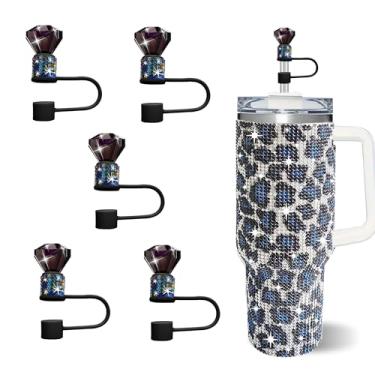 Imagem de JIASHEBDE Conjunto de 5 peças de capa de canudo de diamante brilhante, topo de palha de strass duplo para copos Stanley de 30 e 1,134 g, acessórios de tampa de 1 cm para canudos de 10 mm (cor preta A)