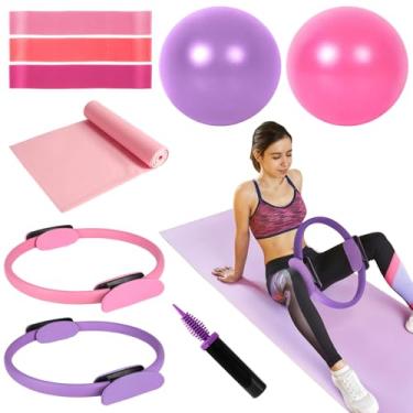 Imagem de OMISTAR Conjunto de anéis de Pilates com faixa elástica longa (14 x 159 cm) – Anéis circulares mágicos de 5 × 38 cm, 2 mini bolas de exercício, bomba manual, 3 faixas de resistência – Equipamento