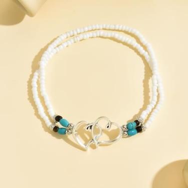 Imagem de Tornozeleira feminina com pingente de coração duplo – contas brancas com detalhes turquesa e preto, joia ajustável estilo boho para pés