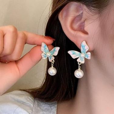 Imagem de Brincos femininos com pingente de borboleta e pérola, opção de 2 cores (azul claro/rosa) brincos fofos, joias modernas para o dia a dia e primavera, One Size, Metal Plástico, Sem pedra preciosa