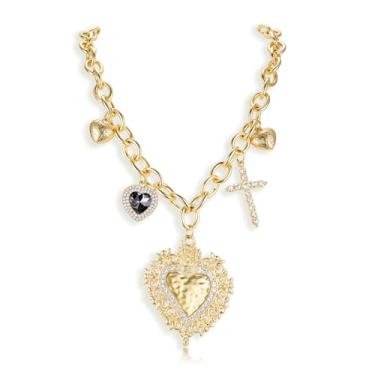 Imagem de PHNIBIRD Colar com pingente de coração grosso de ouro com pingente de coração vintage hip hop, banhado a ouro 18 k, moderno, arrojado, colares, hipoalergênico, não mancha, comprimento ajustável 54,5