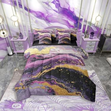 Imagem de Erosebridal Conjunto de cama King abstrato de grão de mármore roxo e dourado | Conjunto de cama de mármore com textura moderna roxa e dourada em uma bolsa, conjunto de cama de arte fluida com glitter