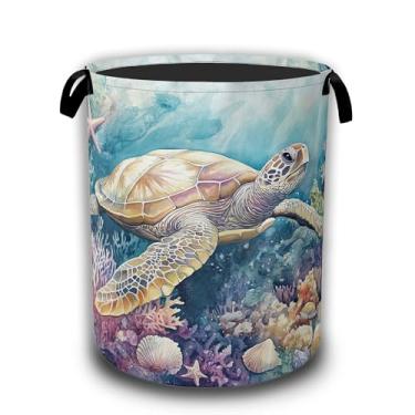 Imagem de Cesta de lavanderia tartaruga marinha, cesto de roupa suja coral concha impermeável bolsa de pano Oxford dobrável, balde de armazenamento de roupas organizador de brinquedos decorativo para banheiro