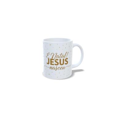 Imagem de Caneca de Cerâmica Branca 325ml, Tema Natal Sagrada Família, com Estrelas Douradas e Presépio (23177)