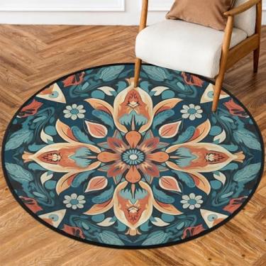 Imagem de Tapete redondo de 1,5 m boêmio flor étnica mexicana tapetes de área circular antiderrapante lavável tapete de porta para interior quarto berçário sala de estar cozinha banheiro entrada casa tapete