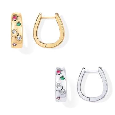 Imagem de coadipress Brincos de argola banhados a ouro 14 quilates grossos para mulheres, brincos de argola de zircônia cúbica coloridos e grossos, exclusivos, multicoloridos, zircônia cúbica, minúsculos, joias