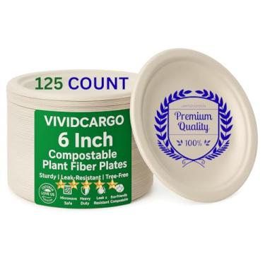 Imagem de VIVIDCargo Pratos compostáveis de fibra vegetal de 15 cm, pacote com 125 | Pratos pequenos de sobremesa e aperitivos descartáveis biodegradáveis brancos | Resistente, à prova de óleo, seguro para