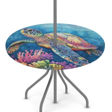 Imagem de Toalha de mesa para uso ao ar livre com orifício para guarda-chuva, toalha de mesa redonda de tartaruga de verão com zíper oculto, capa de mesa de piquenique elástica para acampamento, para pátio