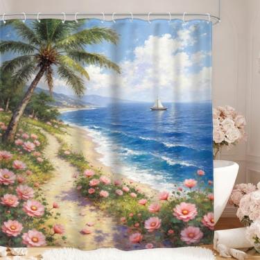 Imagem de Glawry Cortina de chuveiro de praia oceano extralonga Havaí litorânea palmeira costeira floral planta tropical verão natureza cenário de banheiro 182 cm L x 188 cm C acessórios de banho arte decoração