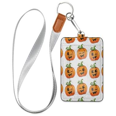 Imagem de Wassud Porta-crachá de couro PU Funny Pumpkins com cordão, porta-cartão de identificação para trabalho, cordão de pescoço com compartimentos para cartões de crédito, funcionários, estudantes, 40 cm