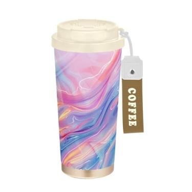 Imagem de YETTASBIN Caneca de café iridescente com isolamento térmico de 482 g com tampa canudo, copo à prova de derramamento e vazamento com alça para bebida quente e fria, garrafa de água de aço inoxidável