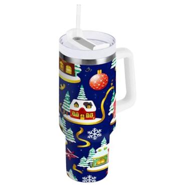 Imagem de Kigai Copo de 1,134 g com alça, lindos copos isolados de casa de campo de Natal com tampa e canudo, grande garrafa de água esportiva de metal, caneca de café de viagem de aço inoxidável