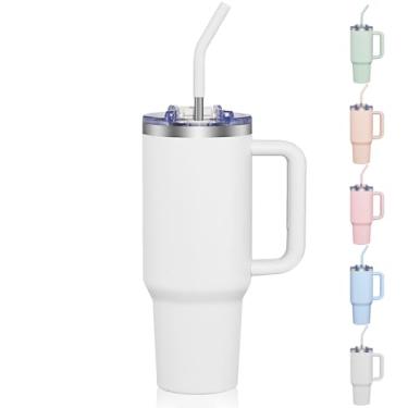 Imagem de COKTIK Copo de 1,134 g com alça e tampa de palha, caneca de café de viagem isolada a vácuo copo de aço inoxidável isolado para bebidas, à prova de vazamento, adequado para porta-copos (neve)