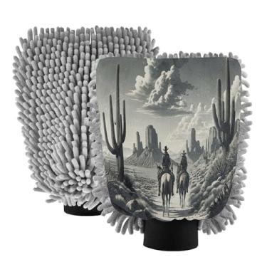 Imagem de STAYTOP Cowboy Rides A Horse Across The Desert Luvas de lavagem de carro, 2 peças, luvas de microfibra de chenille, sem arranhões, panos de esponja de lavagem ultra absorventes para carros, limpeza