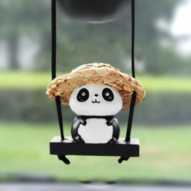 Imagem de DUSCOKE Ornamento de carro de panda oscilante para pendurar – Pingente de espelho retrovisor de animal fofo de desenho animado para decoração de carro, escritório e casa – Chapéu de palha universal