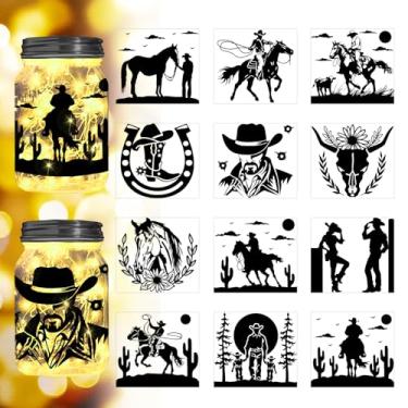 Imagem de 12 peças de papel silhueta de PVC, retângulo cavalo humano cacto padrão impermeável recortes decalques de PVC, decoração de iluminação autoadesiva para telefones celulares, scrapbooks, paredes, mesas