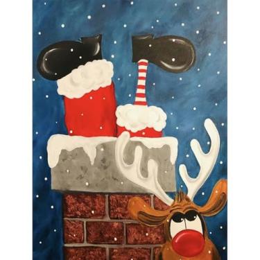 Imagem de Kits de arte de diamante de Natal engraçados para adultos - Kits de pintura de diamante de Papai Noel e rena para adultos iniciantes - Pinturas de diamante de chaminé redonda de perfuração completa