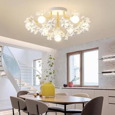 Imagem de Luminária de teto moderna com flor de cristal decorativa, soquete E27, dourada, para decoração de interiores. Lustre elegante e sofisticado de meados do século XX, ideal para sala de estar,