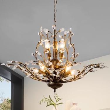 Imagem de Lustre de cristal vintage com galhos, decoração industrial, luminária moderna preta sofisticada, estilo antigo, pendente de embutir para sala de jantar, cozinha, quarto, sala de estar e corr