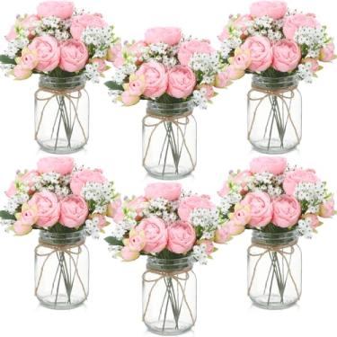 Imagem de Zeyune 6 conjuntos de decorações de mesa de centro de mesa de pote de pedreiro, buquês de flores artificiais de peônia para bebê, flores falsas com vaso, presentes de decoração rústica para casa