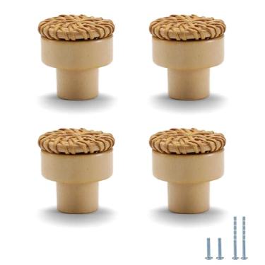 Imagem de Evionlin 4 peças PP feitas à mão Boho vime trançado puxadores decorativos decoração de casa móveis de madeira boho (faia)