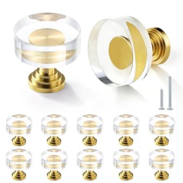 Imagem de POZEAN Puxadores de gaveta de armário de vidro cristal, pacote com 12 puxadores de cômoda de cristal dourado de vidro, alças redondas de 3,5 cm com parafusos para armário de cozinha moderno, quarto e