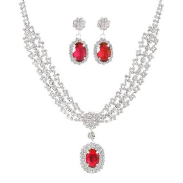 Imagem de Missgrace Conjunto de brincos femininos prata preto verde vermelho strass cristal borlas casamento nupcial colar colar colar pingente brincos para festa de casamento, formatura, noivas, dama de honra