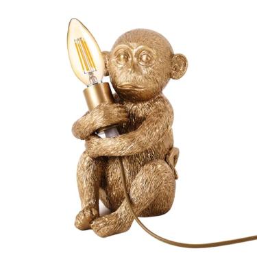 Imagem de Jorunhe Candeeiro de mesa de macaco de resina esculpido à mão - Luz de mesa artística de animais pequenos para decoração de quarto, sala de estar e café, soquete E12 (lâmpada não incluída), altura de