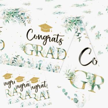 Imagem de GREHUMOR 3 peças de toalha de mesa verde sálvia graduação 2025, decorações de congrats grad class of 2025, folhas de vegetação, capa de mesa de plástico descartável para faculdade de ensino médio e