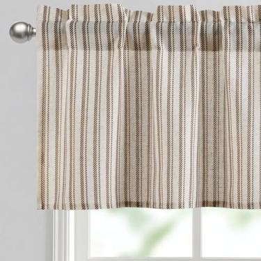 Imagem de JIUZHEN Saia de cozinha de 132 x 35 cm – Cortina para janela listrada de linho texturizado grosso com bolso de haste de 7,6 cm, marrom listrado vertical (1 painel)
