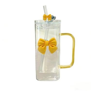 Imagem de Copo de vidro quadrado com tampas e canudos, copo de vidro resistente ao calor com alça e laço transparente para água, suco, café gelado, leite, chá